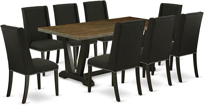 East West Furniture V677FL624-9 9 Piece Kitchen Table Set Includes a Rectangle Dining Table with V-Legs and 8 Black Linen Fabric Parsons Dining Chairs, 40x72 Inch, Multi-Color