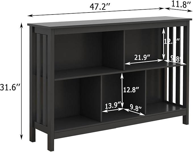 TaoHFE Short Bookshelf with 2-Layer 5 Cube Shelf,Wooden Bookcase Modern Minimalist Style, Horizontal Bookshelf for Living Room, Classroom, Bedroom, Book Shelf with Storage Cube Bookcase, Black