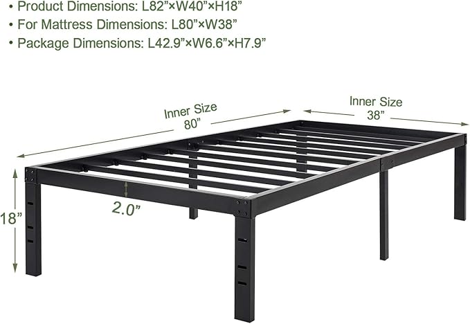 45MinST 18 Inch Platform Bed Frame/Easy Assembly Mattress Foundation / 3000lbs Heavy Duty Steel Slat/Noise Free/No Box Spring Needed,Twin XL
