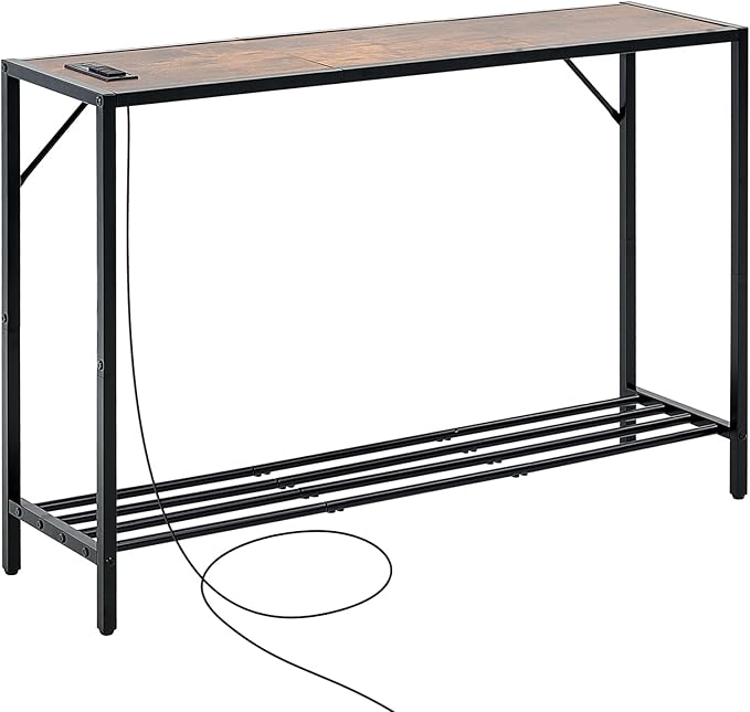 VEVOR Narrow Console Table, 41.7" Behind Couch Shelf with Power Outlets, 2-Tier Long Entryway Shelf, Sofa Table with Metal Frame and Charge Station, for Entryway, Hallway, Living Room