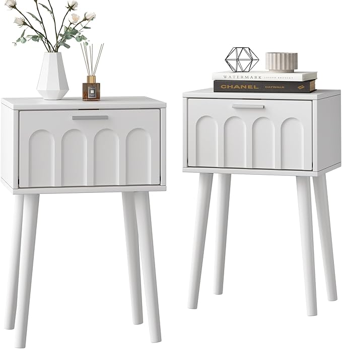 LAATOOREE Nightstand Set of 2, Small Bed Side Table with Arch Door, Mid-Century End Table with Wood Legs for Bedroom, Small Space (White)