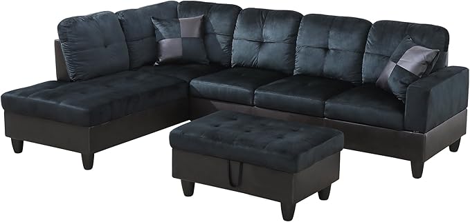 NicBex Sectional Couch 3 Pieces Sofa Set with Right Chaise Lint PVC L Shaped Cloud Couch for Living Room Furniture Sets with Storage Ottoman, Modular Sofa for Living Room & Apartment, Dark Blue+Brown