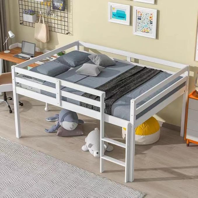 HomSof Full Loft Bed with Guard Rail & Ladder,No Box Spring Needed,Easy Assembly,White