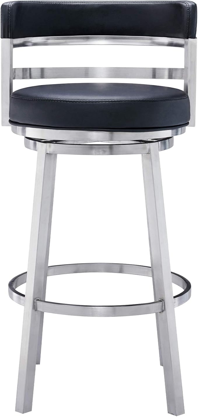Armen Living Madrid 30" Seat Height Swivel Modern Black Faux Leather and Brushed Stainless Steel Bar Stool for Kitchen Island Counter