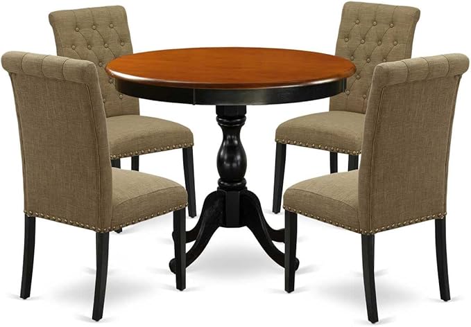 East West Furniture AMBA5-BCH-05 5 Piece Modern Dining Table Set Includes a Round Kitchen Table with Pedestal and 4 Grey Linen Fabric Parson Dining Chairs, 36x36 Inch, Black & Cherry