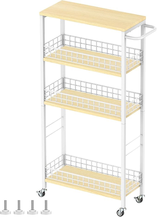 YBING Slim Storage Cart 4-Tier Rolling Kitchen Utility Cart White Narrow Laundry Storage Cart on Wheels and Wood Table Top Mobile Shelving Unit Organizer Trolley for Bathroom Small Space 7.3" W