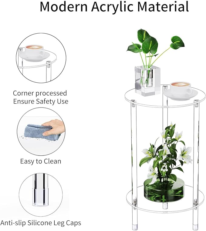 Clear Round Acrylic Side Table for Small Spaces, 11.81" L x 11.81" W x 19.82" H, 2 Tier Small Modern Drink End Table Nightstand, Minimalist Bedside Table for Living Room, Bedroom, Bathroom