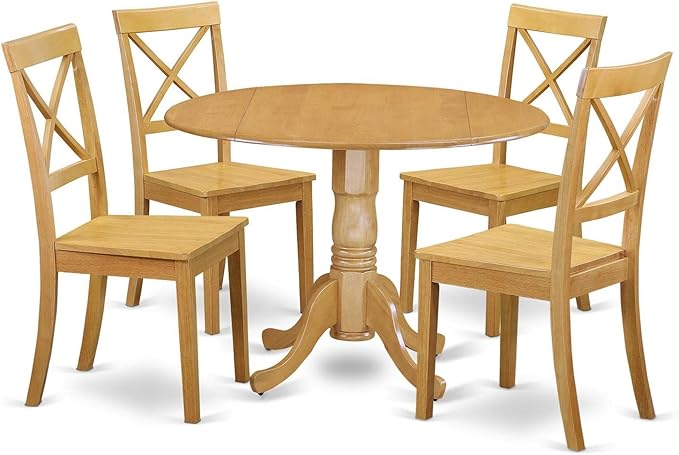 East West Furniture DLBO5-OAK-W 5 Piece Dining Set Includes a Round Dining Room Table with Dropleaf and 4 Kitchen Chairs, 42x42 Inch, Oak