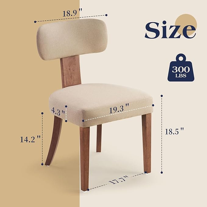 Mid Century Modern Dining Chairs Set of 2, Linen Upholstered Kitchen Chairs with Curved Backrest & Adjustable Legs for Living Room/Bedroom/Lounge, Easy to Install, Beige Linen