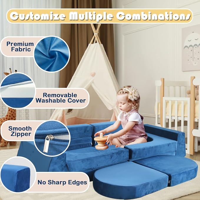 Modular Kids Play Couch Convertible Building Fort Sofa and Cushion 10Pcs Child DIY Floor Sofa for Sleeping Playroom Bedroom for Boys and Girls (Blue)