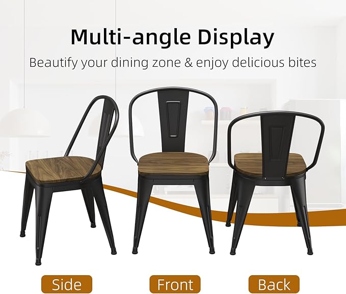 18 Inch Dining Chairs Set of 4, Farmhouse Metal Chairs with High Back and Wooden Seat, Stackable Industrial Bar stools for Dining Room(Black)