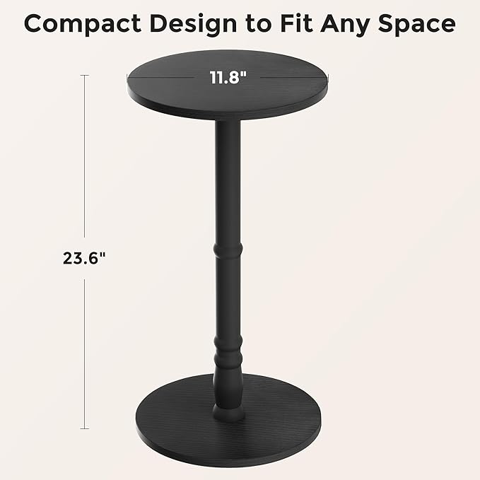 Round Side Tables Set of 2, Solid Wood Pillar with Wood Top & Base, Small Drink Accent Table for Living Room, Bedroom, Sofa & Office, Easy Assembly, Black