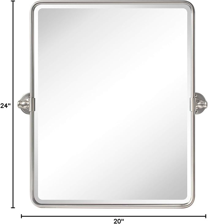 TEHOME 20 x 24 inch Farmhouse Nickel Metal Framed Pivot Rectangle Bathroom Mirror Rounded Rectangluar Tilting Beveled Vanity Mirrors for Wall