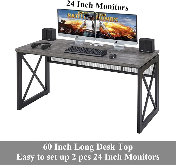 BON AUGURE Industrial Computer Desk, Rustic Wood Desks for Home Office, Sturdy Metal Writing Work Table (60 Inch, Dark Grey Oak)