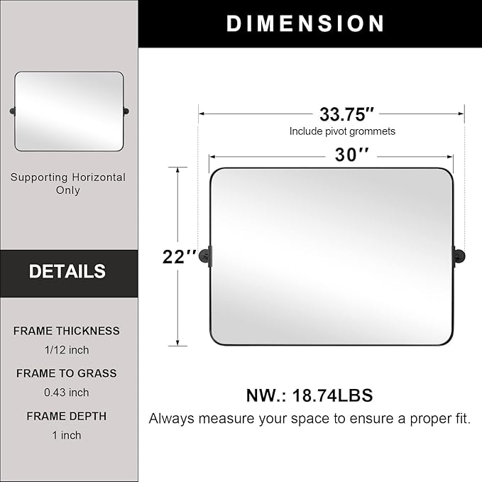 MOON MIRROR 30" x 22" Matte Black Rectangle Bathroom Mirror, Tilting Rounded Rectangular Metal Framed Pivot Wall Mirror, Hangs Horizontally Only(Overall 33.75" x 22")