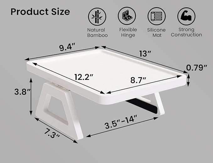 2 Pack Couch Arm Tray,Bamboo Folding Sofa Tray,Sofa Armrest Trays Clip-On Couch Desk for Drinks,Snacks,Phone,Remote Control（White）