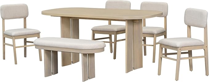 Merax Farmhouse Wooden Dining Set of 6, 65 Inch Rectangular Kitchen Table, Upholstered 4 Chairs with Backrest, Bench with Cushion, Easy Assemble, Natural