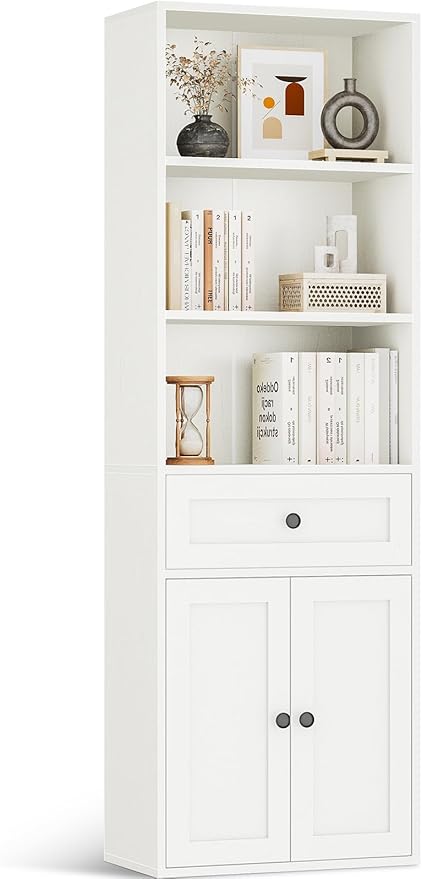 Casaottima Bookshelf and Bookcase with Doors and Drawer, Floor Standing 6-Tier Shelf Display Storage Shelves, Tall Bookcases for Home Office, Living Room, White