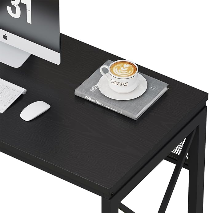 BON AUGURE Black Desk, Wood Computer Desk, Industrial Office Desks, Sturdy Writing Desks for Bedroom, Home Office, Living Room Study Workstation (Black, 54 Inch)