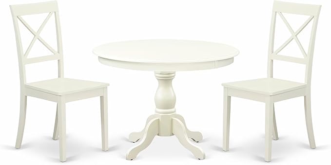 East West Furniture HBBO3-LWH-W 3 Piece Kitchen Table & Chairs Set Contains a Round Dining Room Table with Pedestal and 2 Dining Chairs, 42x42 Inch, Linen White