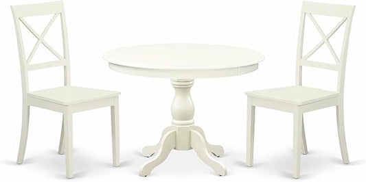 East West Furniture HBBO3-LWH-W 3 Piece Kitchen Table & Chairs Set Contains a Round Dining Room Table with Pedestal and 2 Dining Chairs, 42x42 Inch, Linen White