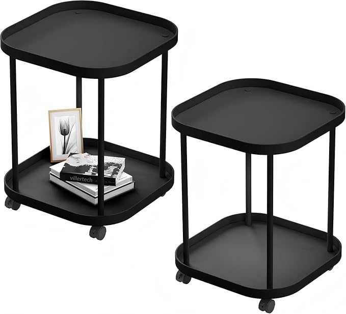 Side Table with Wheels, End Table Living Room Plastic Mobile Sofa Side Table Small Night Stand Bedroom Black (2 Pack)