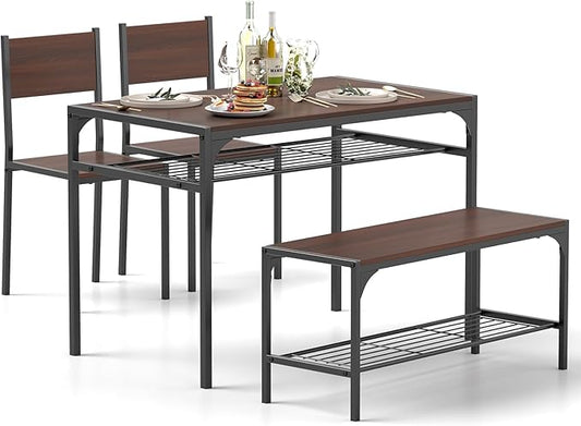 Tangkula Dining Table Set for 4, Kitchen Table and 2 Chairs for 4 with Bench, Additonal Storage Rack, 4 Piece Dining Table Set for Small Space, Apartment