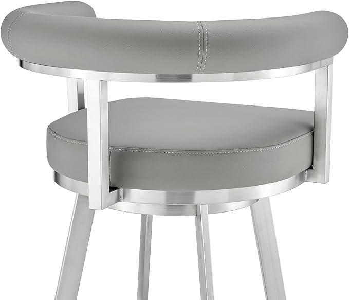 Armen Living Magnolia Swivel Counter Stool in Brushed Stainless Steel with Light Grey Faux Leather