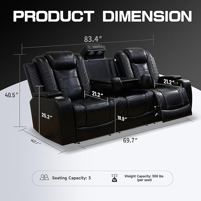 PU Leather Power Wall Hugger Chair Double Reclining Sectional Sofa 3-Seater Loveseat Couch with Reversible Coffee Table, Wireless Chargers, USB Port, Cup Holders, Storage Armrest, Ambient LED Light