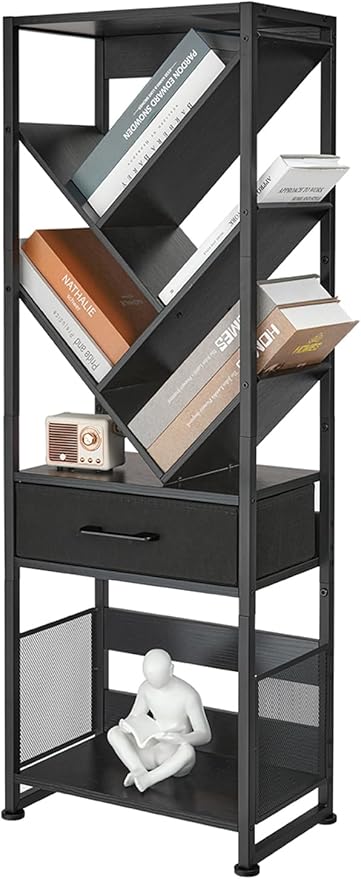Bookshelf with Drawer,8 Tier Tree Bookcase Retro Floor Standing Bookshelves,Tall Wood Bookcases with Cabinet Storage Organizer for Living Room, Bedroom & Home Office, Black