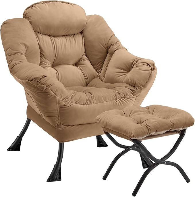 Lazy Chair with Folding Ottoman Modern Large Accent Chair,Contemporary Lounge Leisure Sofa Chair with Armrests Upholstered Sofa Armchair Reading Chair for Bedroom,Dorm & Office(Khaki-f)