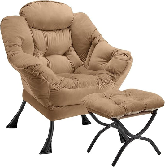Lazy Chair with Folding Ottoman Modern Large Accent Chair,Contemporary Lounge Leisure Sofa Chair with Armrests Upholstered Sofa Armchair Reading Chair for Bedroom,Dorm & Office(Khaki-f)