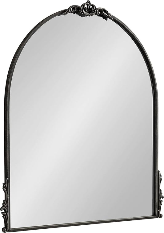 Kate and Laurel Myrcelle Traditional Arched Mirror; 30 x 32; Black; Decorative Large Arch Mirror with Ornate Garland Detailing Along The Crown and Edges of The Frame