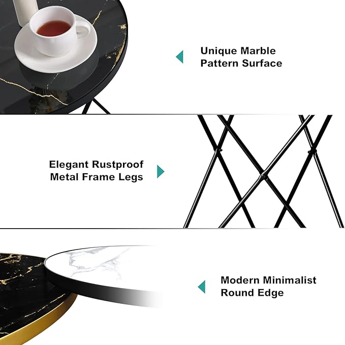 HLR Modern Round Side Table Set of 2, End Table with Marble Effect Top and Gold Metal Frame, Small Side Table for Living Room, Bedroom, Sofa and Couch, Black Legs, Black Marble top