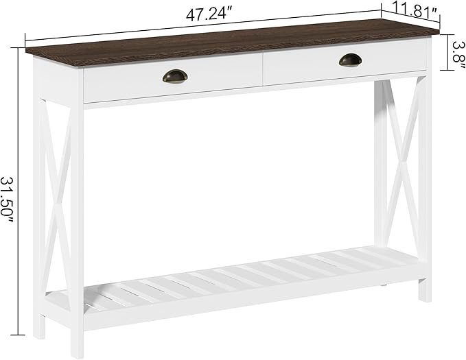 ChooChoo 47" Farmhouse Console Table with Drawer for Entryway, Narrow Long Entry Table with Shelf for Living Room, Rustic Vintage Hallway Sofa Table with Stable X Supports, White
