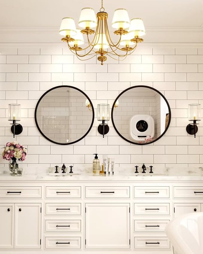 Growsun 28'' Black Round Mirror for Bathroom, Circle Bathroom Mirror for Wall, Entryway Living Room with Metal Frame for Home Decor