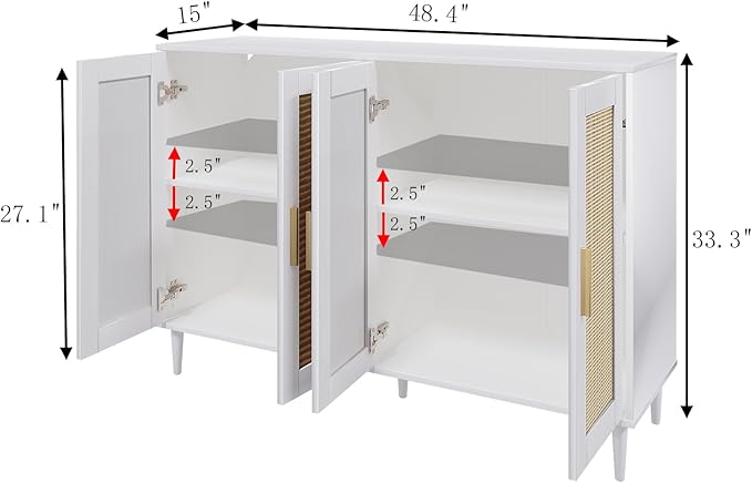 Buffet Sideboard,Kitchen Storage Cabinet with 4 Rattan Decorated Doors,Coffee Bar Cabinet with Adjustable Shelves for Living Room,Hallway,White