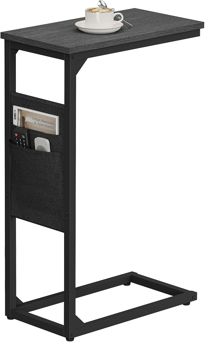 TUTOTAK C Shaped End Table, Side Table for Couch, Sofa Table with Storage Bag, TV Tray for Living Room, Bedroom, Black TB01BK082
