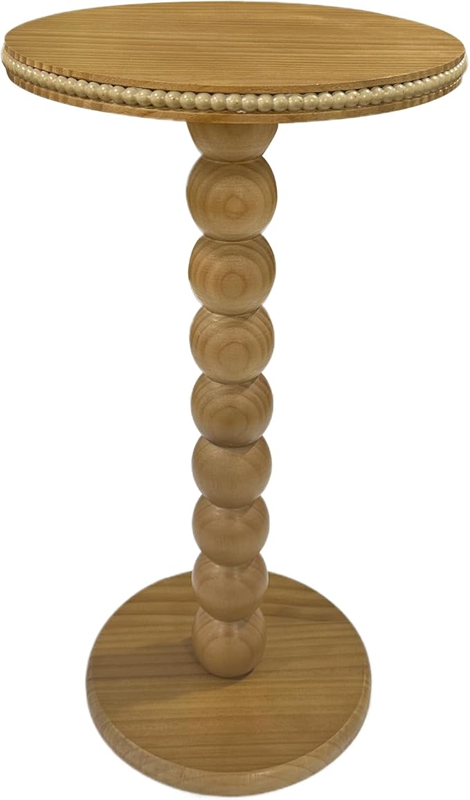JUIOETURBoho Beaded Round Side Table - Handcrafted Small Accent Table for Small Spaces w/Solid Wood Leg - Drink Table for Living Room, Bedroom, Dorm, Office & Tight Corners (Nature)