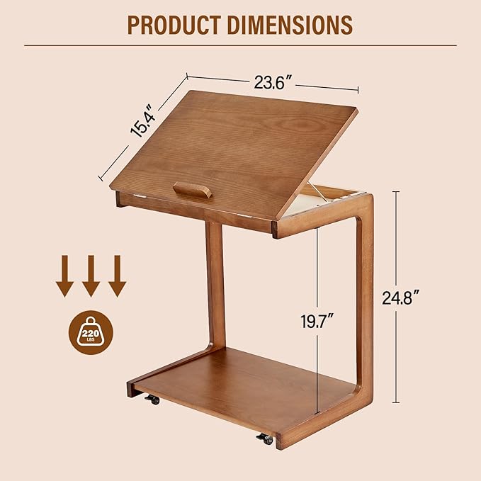 CozyDH Adjustable C Shaped End Table, Rolling Side Table Solid Wood TV Sofa Tray Table for Couch Arm Eating Multi-Purpose, Small Coffee Table with Wheels Living Room Bedroom, Walnut