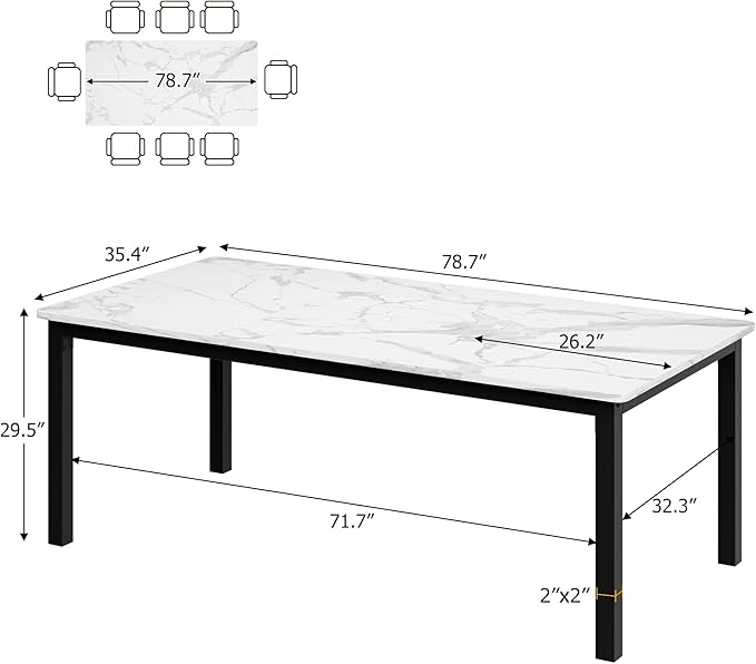 GarveeHome 78.7in Industrial Dining Table for 6, Wooden Long Dinner Table with Mortise Tenon Design, Kitchen Table with Sturdy Metal Legs, for Dining Room Home Office Living Room, White