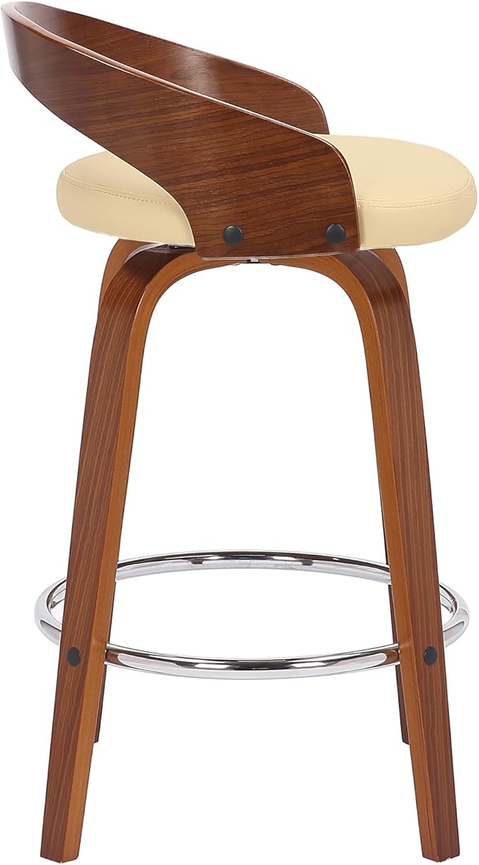 Armen Living Sonia 26" Counter Height Swivel Cream Faux Leather and Walnut Wood Bar Stool