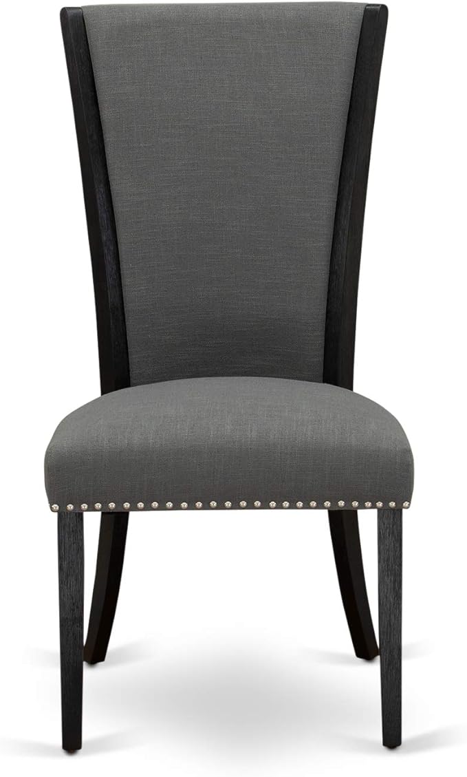 East West Furniture VEP6T50 Verona Parson Dining Chairs - Nailhead Trim Dark Gotham Linen Fabric Padded Chairs, Set of 2, Wirebrushed Black