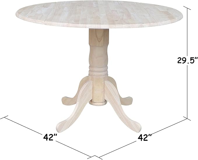 IC International Concepts, Round Dual Drop Leaf Pedestal Dining Table, Solid Real Wood, Sturdy Parawood, Dimensions 42"D x 42"W x 29.5"H, 40lbs Capacity, Paint/Stain Ready, Unfinished