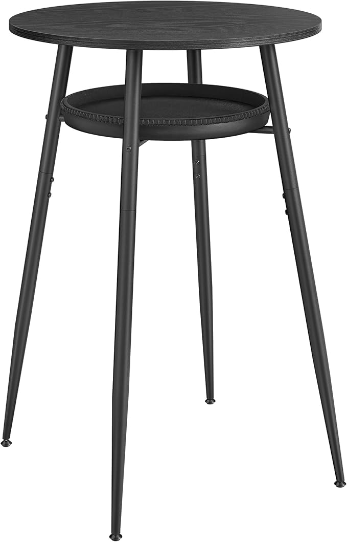 VASAGLE EKHO Collection - Bar Table with Storage, Round High Pub Table, Synthetic Leather with Stitching, Mid-Century Modern, Kitchen Home Bar, Living Room, Easy Assembly, Ebony Black and Ink Black