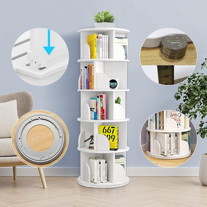 Nisorpa 5 Tier Rotating Bookshelf, 360° Revolving Bookcase Rotating Stackable Shelves Floor-Standing Storage Display Rack Used in Bedrooms Living Rooms Study Office (63"x18"x18")