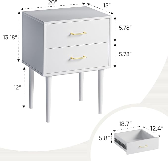 White Nightstand with 2 Drawers, 26" Tall Modern Bedside Table, Mid-Century Modern End Table, Wood Night Stand with Solid Wood Leg for Bedroom, Office