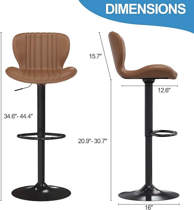 Shintenchi Bar Stools Set of 2 Modern Swivel Bar Chairs, Counter Height Faux Leather Metal Barstools, Upholstered Island Chairs with Back and Footrest, Coffee