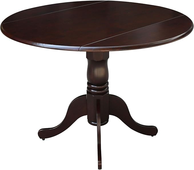 IC International Concepts, 42" Round Dual Drop Leaf Pedestal Dining Table, Solid Real Wood, Sturdy Parawood, Rich Mocha