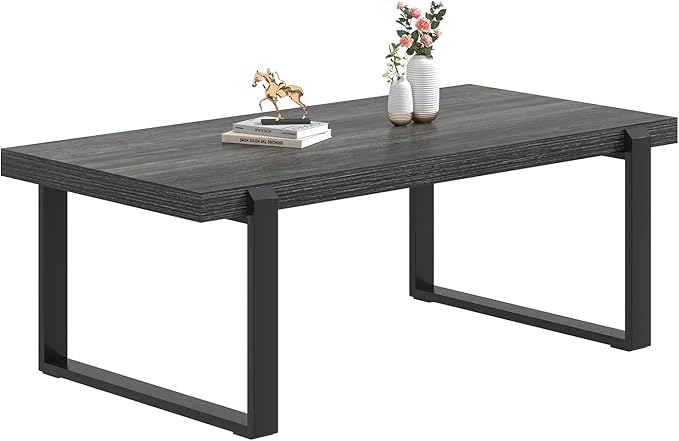FOLUBAN Industrial Coffee Table, Rustic Wood and Metal Center Table, Modern Rectangle Cocktail Tea Table for Living Room, Dark Gray, 47 Inch